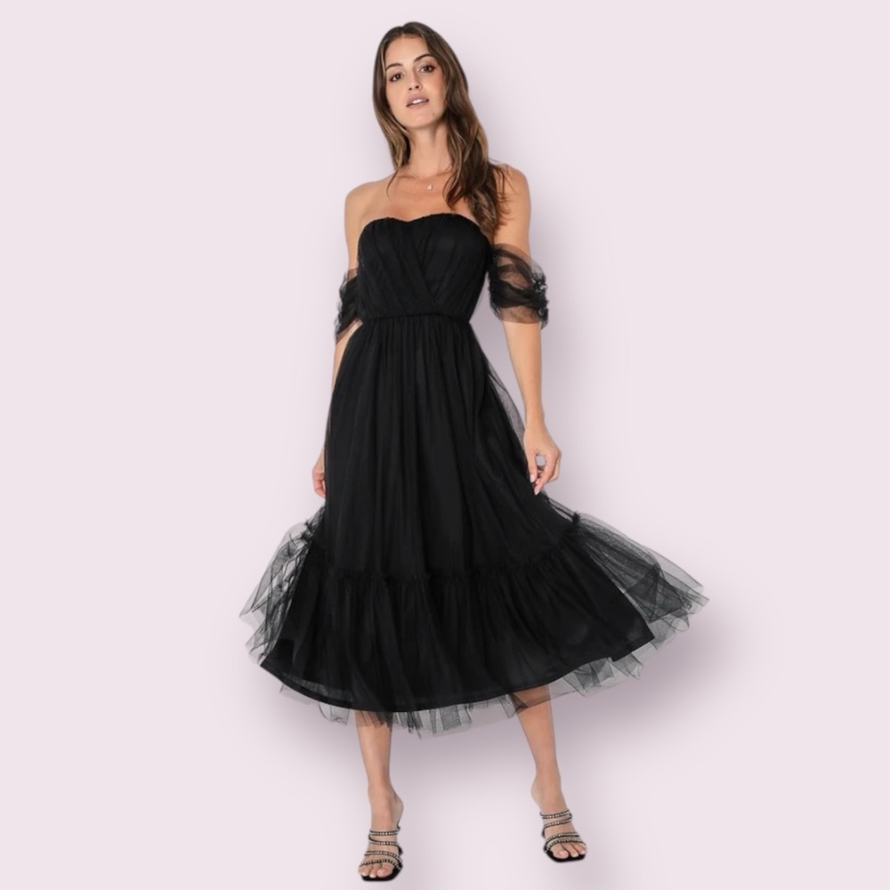 Lulu’s Divine Dreamer Black Tulle Off-the-Shoulder Tiered Midi Dress